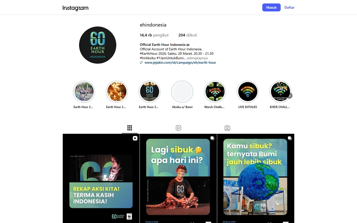 Screenshot profil Instagram resmi ehindonesia dengan logo 60 Earth Hour Indonesia di atas latar hitam