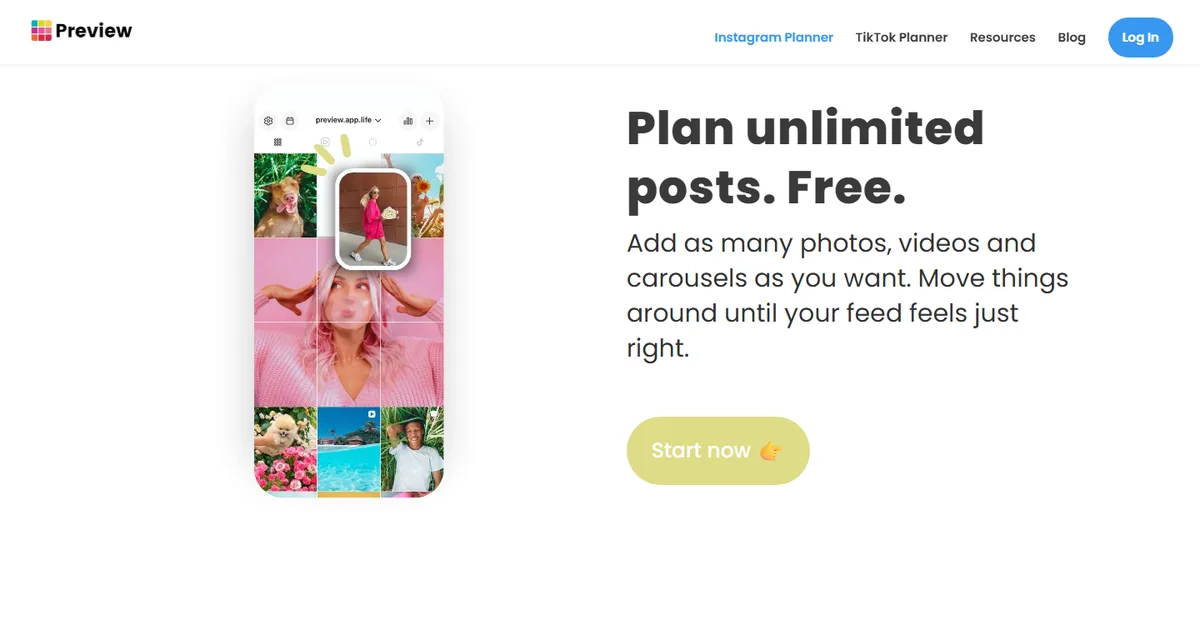 Screenshot halaman resmi Preview App yang menampilkan fitur perencanaan grid Instagram
