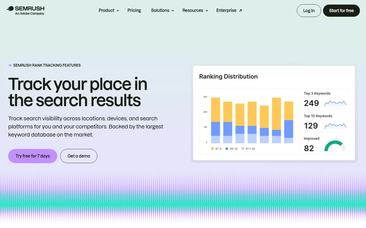Screenshot halaman fitur Rank Tracking Semrush dengan judul Track your place in the search results dan panel Ranking Distribution