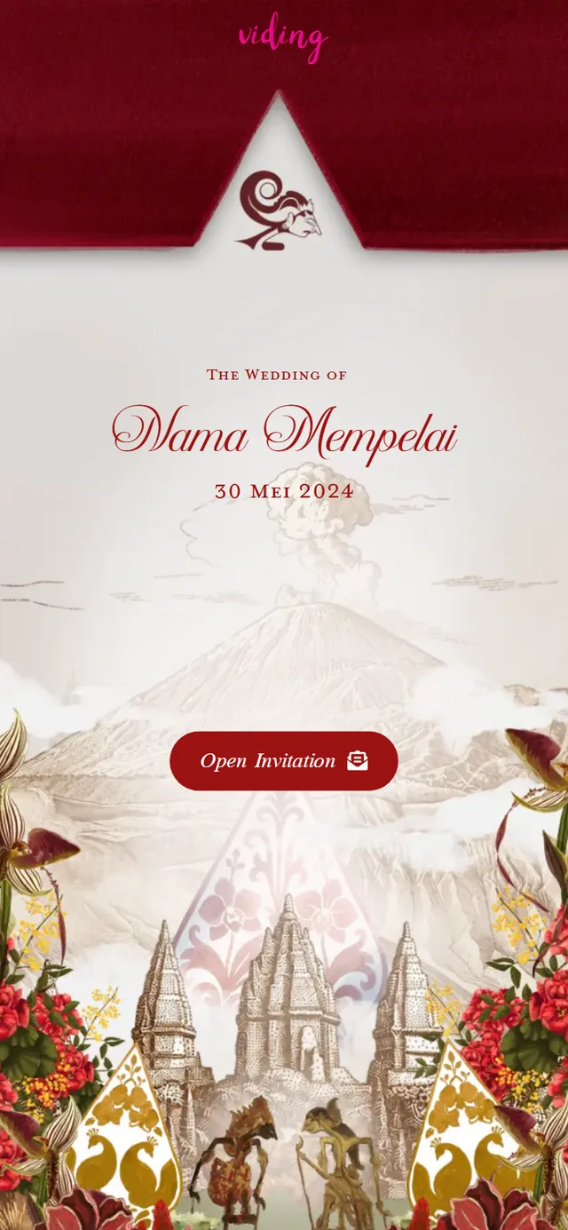Tampilan ponsel tema undangan digital Javanese Heritage dari Viding Studio: teks The Wedding of dan tanggal di tengah, ilustrasi gunung, candi, gunungan, dan tokoh wayang di bagian bawah