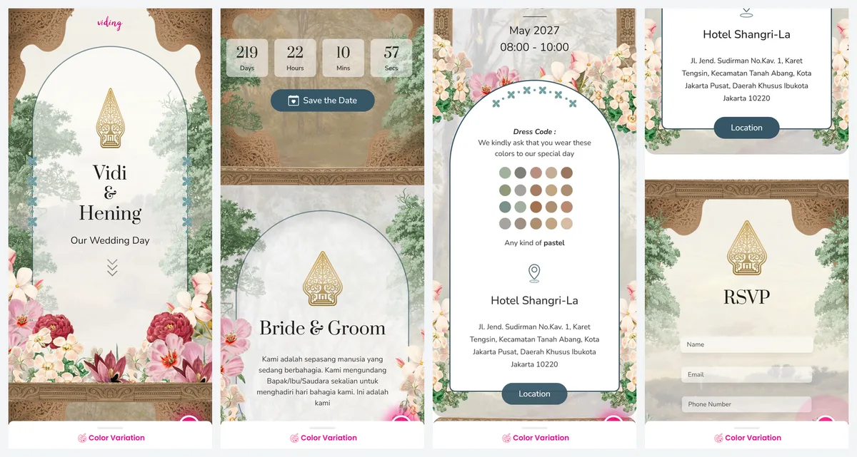 Empat tampilan layar ponsel dari demo undangan website Viding: sampul nama mempelai, hitung mundur dengan tombol Save the Date, info lokasi dengan tombol Location, dan formulir RSVP