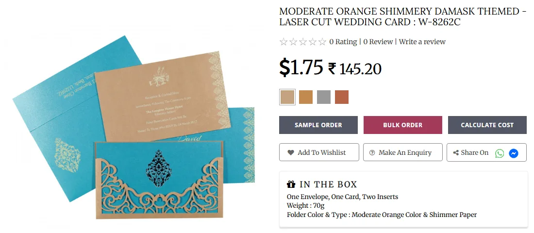 Halaman produk 123WeddingCards W-8262C: undangan laser cut dengan sampul potongan pola damask di atas kartu biru toska