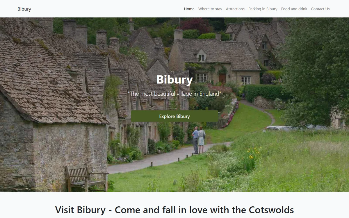 Screenshot beranda website Bibury, desa di Cotswolds Inggris, dengan foto deretan rumah batu dan menu Where to stay