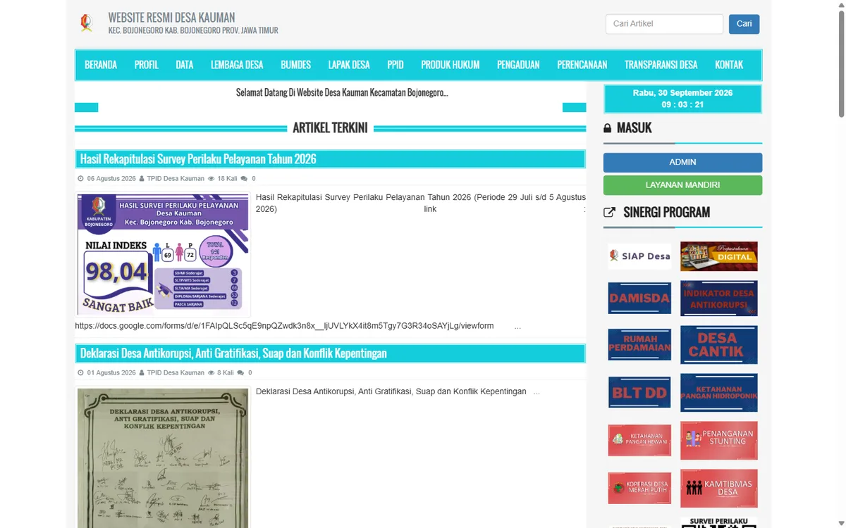 Screenshot beranda website Desa Kauman Bojonegoro dengan menu PPID, transparansi desa, dan artikel terkini