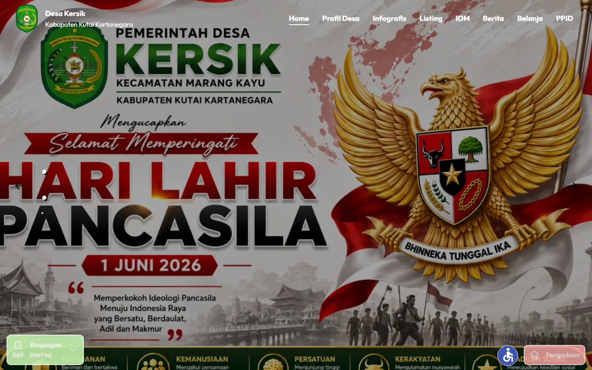 Screenshot beranda website Desa Kersik Kutai Kartanegara dengan banner Hari Lahir Pancasila dan menu Infografis serta Belanja