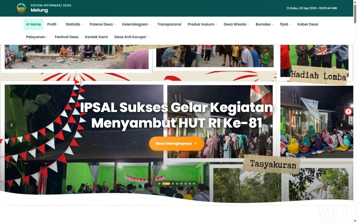Screenshot beranda Sistem Informasi Desa Melung Banyumas dengan slider berita kegiatan desa