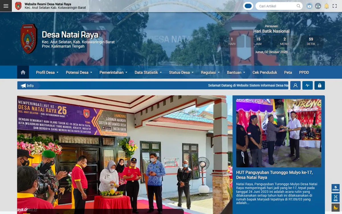Screenshot beranda website Desa Natai Raya Kalimantan Tengah dengan menu Profil Desa, Data Statistik, dan PPID