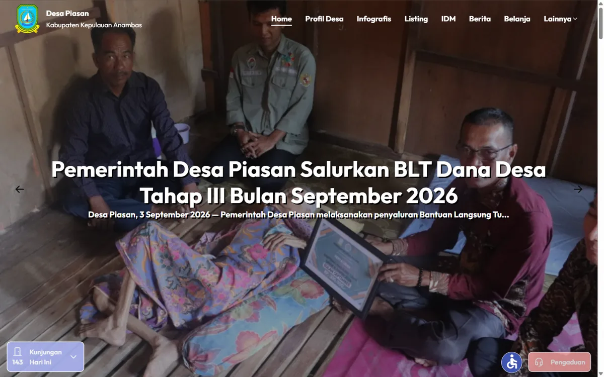 Screenshot beranda website Desa Piasan Kepulauan Anambas dengan berita penyaluran BLT Dana Desa