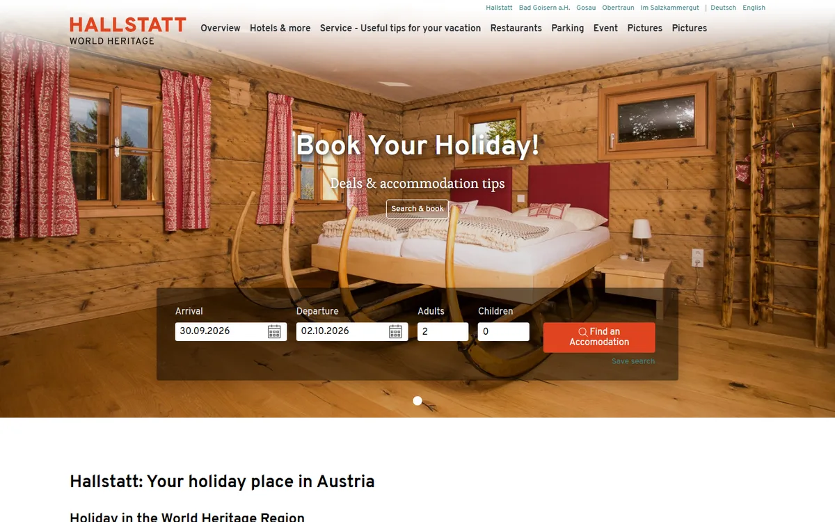 Screenshot beranda website Hallstatt Austria dengan formulir pencarian akomodasi Book Your Holiday