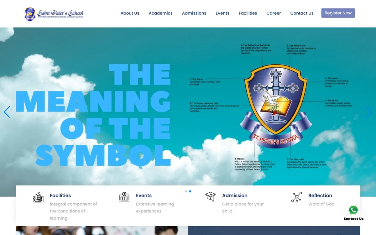 Screenshot beranda website Saint Peter's School Jakarta dengan slider hero dan tombol Register Now