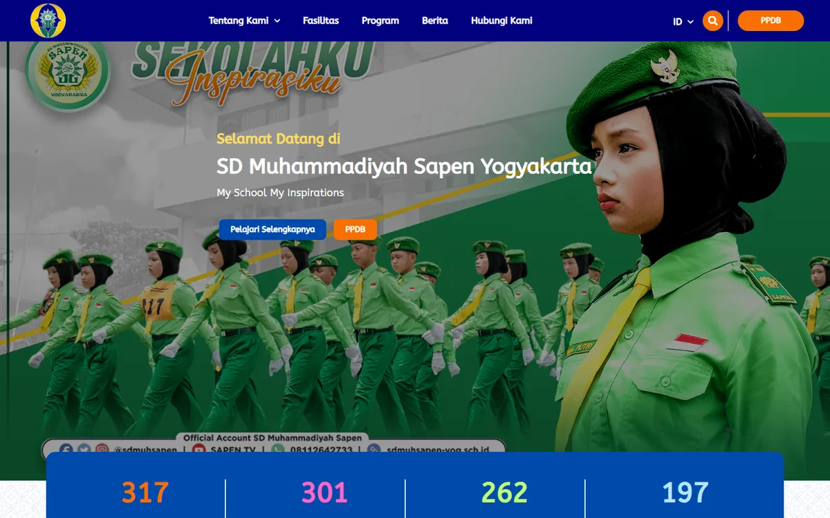 Screenshot beranda website SD Muhammadiyah Sapen Yogyakarta dengan tombol PPDB dan pilihan bahasa ID/EN