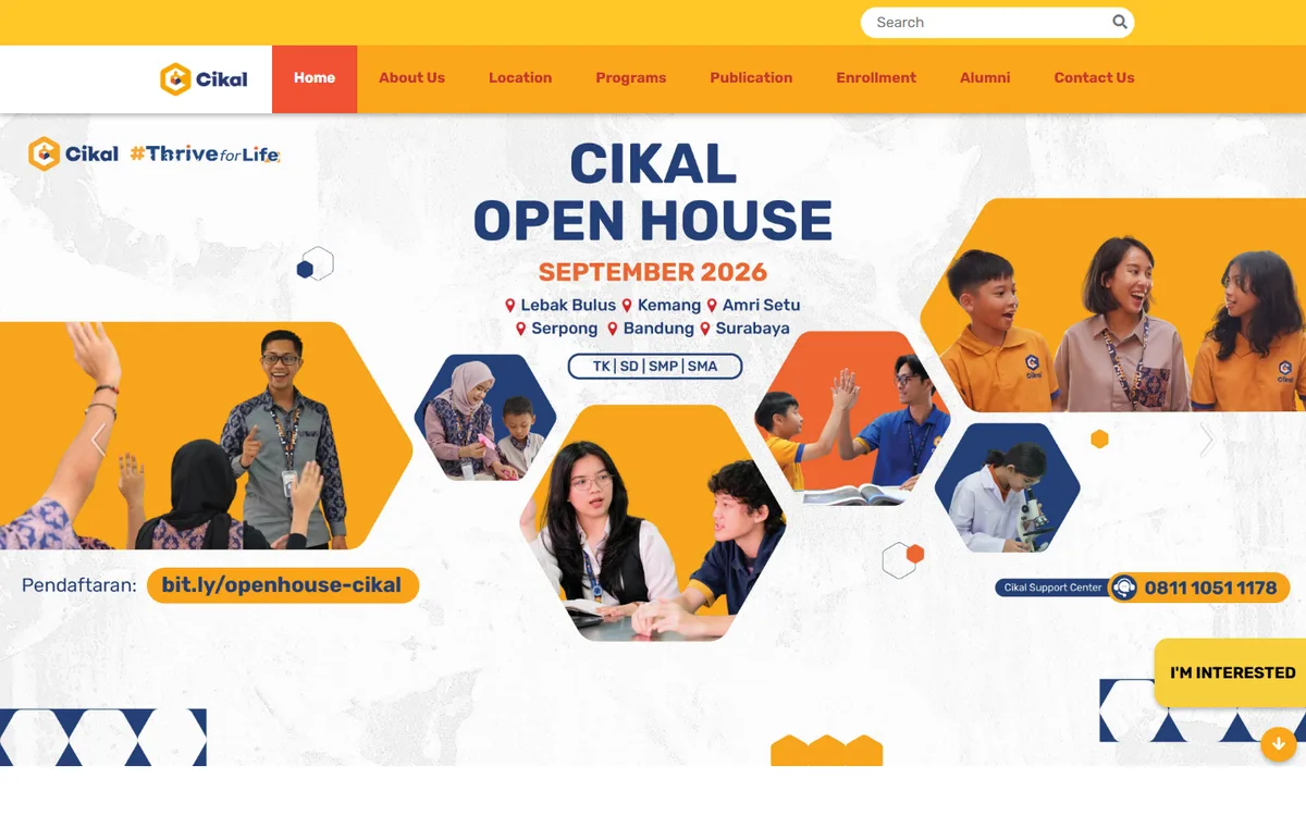 Screenshot beranda website Sekolah Cikal dengan banner Cikal Open House September 2026