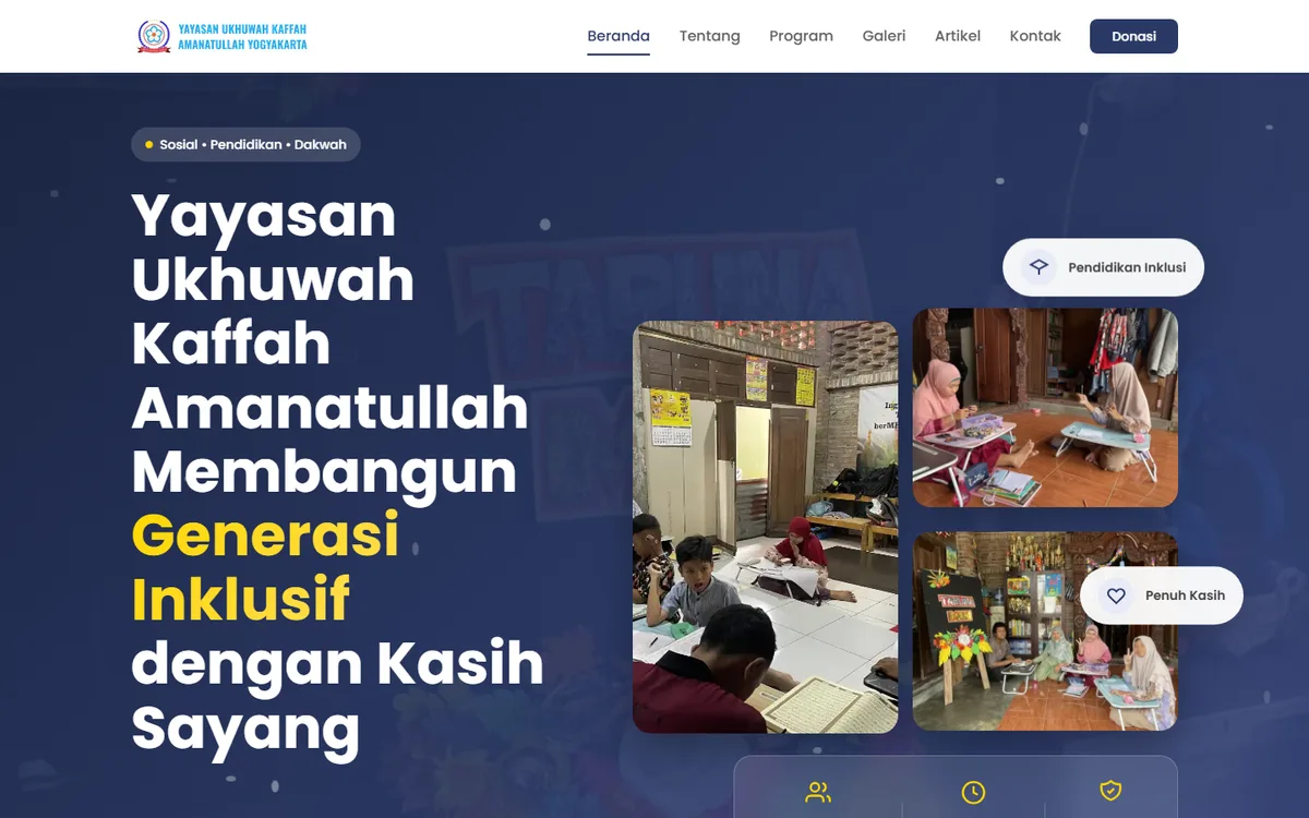 Screenshot beranda website YUKA (Yayasan Ukhuwah Kaffah Amanatullah) dengan headline Membangun Generasi Inklusif