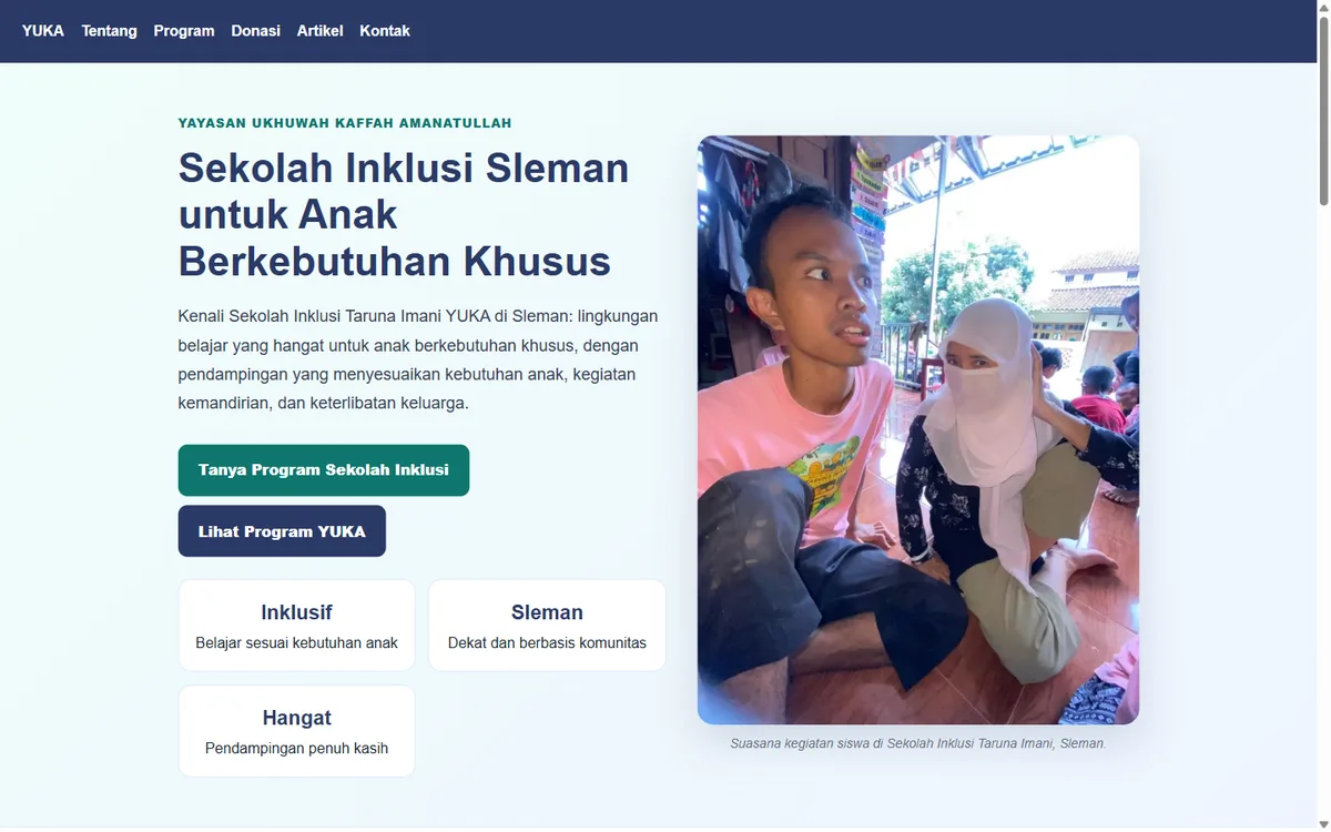 Screenshot halaman Sekolah Inklusi Sleman Taruna Imani di website YUKA untuk anak berkebutuhan khusus