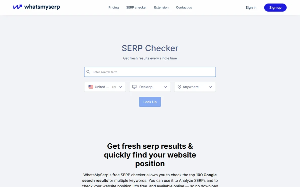 Screenshot halaman SERP Checker gratis Whatsmyserp dengan kolom kata kunci, pilihan negara, perangkat, dan lokasi