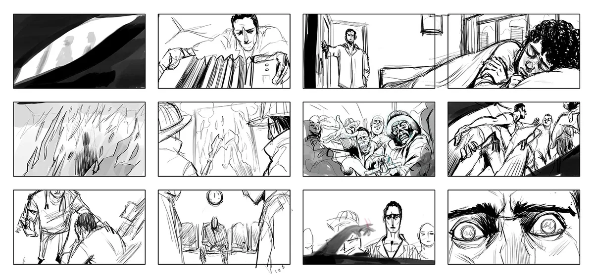 Storyboard sketsa dua belas panel untuk video Father kampanye Ahl Masr Hospital: ayah menyalakan pemanas, tertidur, kebakaran, pemadam kebakaran, dan ruang tunggu rumah sakit