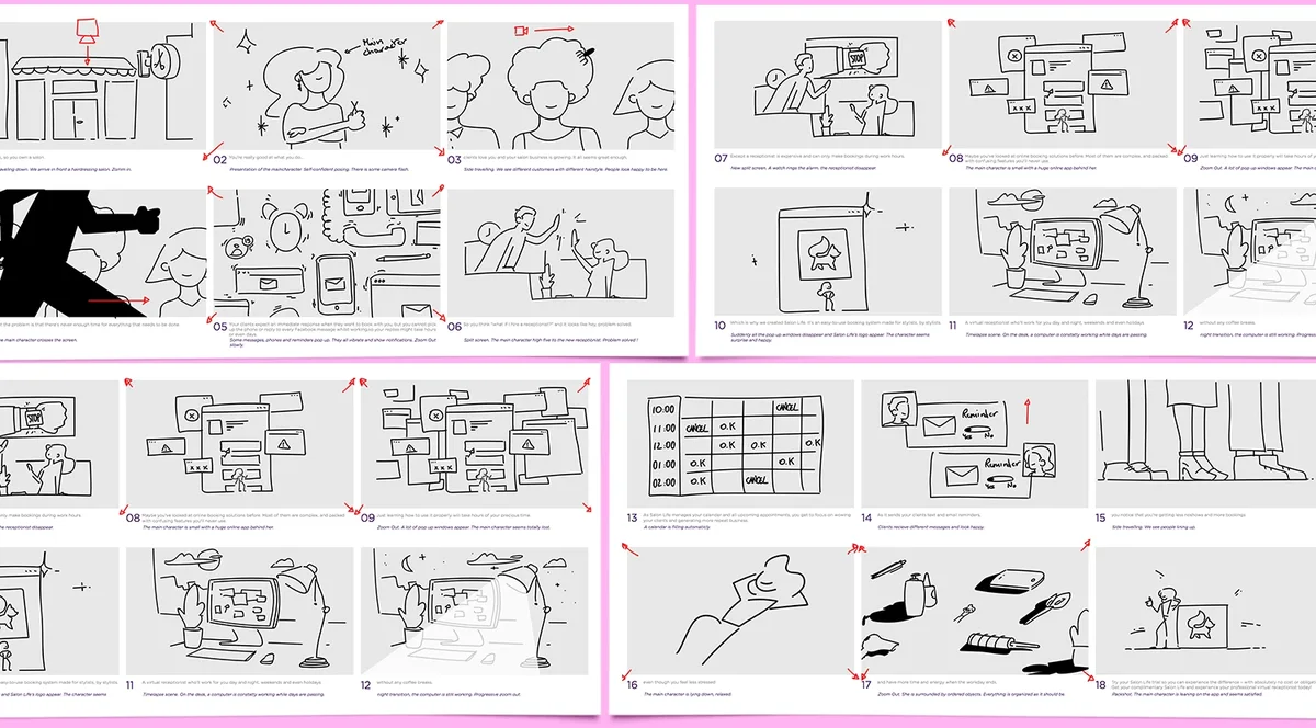 Lembar storyboard sketsa pensil abu-abu untuk video aplikasi Salon Life, berisi panel bernomor tentang aktivitas pemilik salon dan tampilan aplikasi