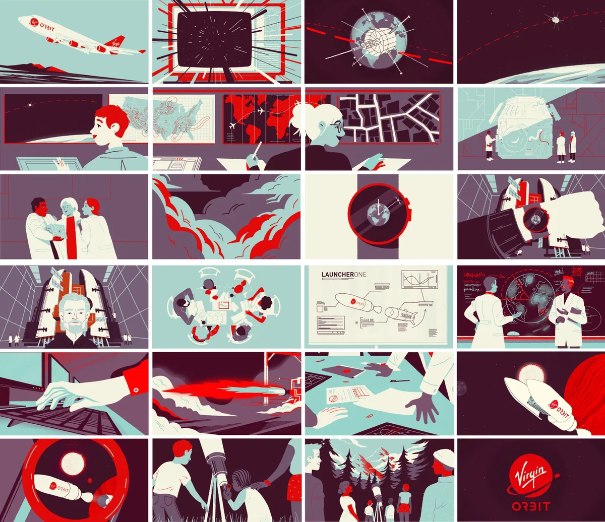 Rangkaian frame ilustrasi video Virgin Orbit Space Exploration: pesawat pembawa roket, roket LauncherOne, satelit, ilmuwan, dan logo Virgin Orbit
