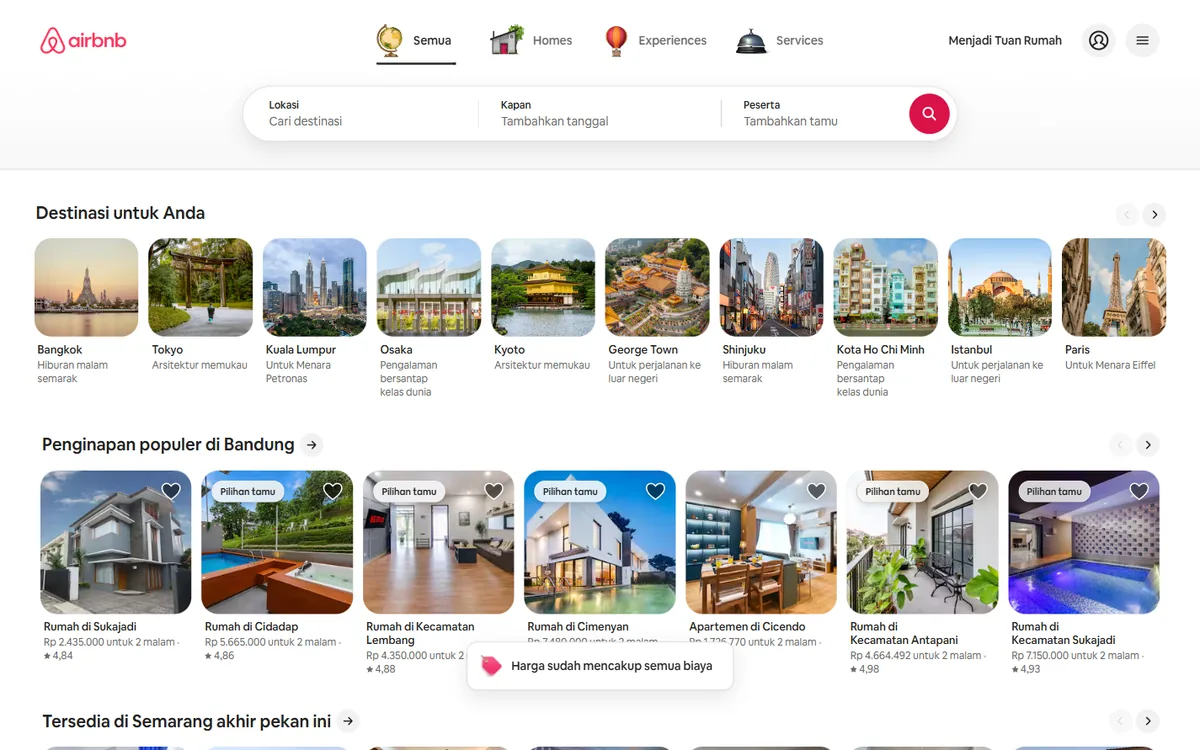 Beranda airbnb.co.id: kolom cari lokasi, tanggal, dan tamu, deretan Destinasi untuk Anda, dan Penginapan populer di Bandung