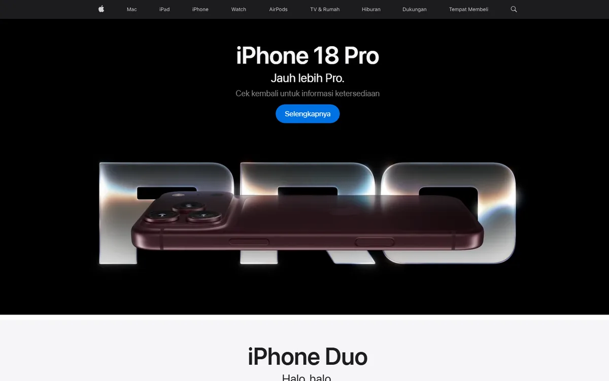 Beranda apple.com/id: iPhone 18 Pro dengan tulisan Jauh lebih Pro dan tombol Selengkapnya, menu Mac, iPad, iPhone, Watch, dan AirPods