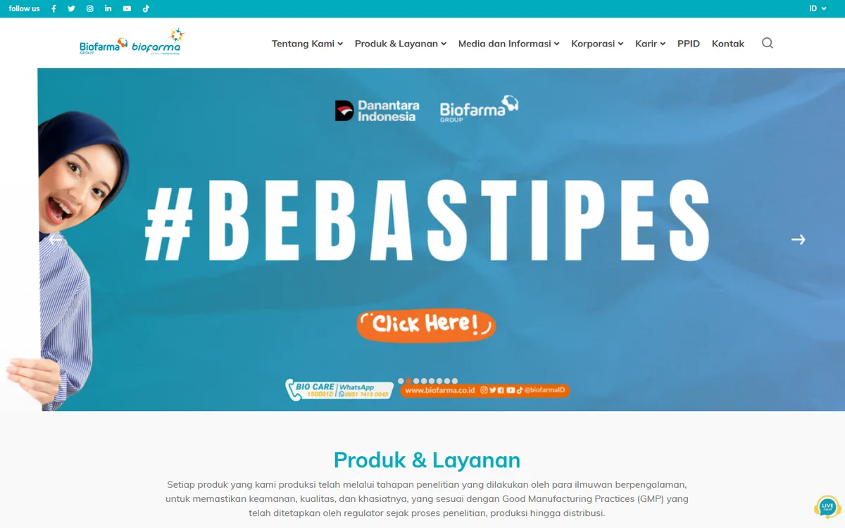 Beranda biofarma.co.id: banner kampanye #BEBASTIPES dengan logo Danantara Indonesia dan Biofarma, lalu bagian Produk dan Layanan