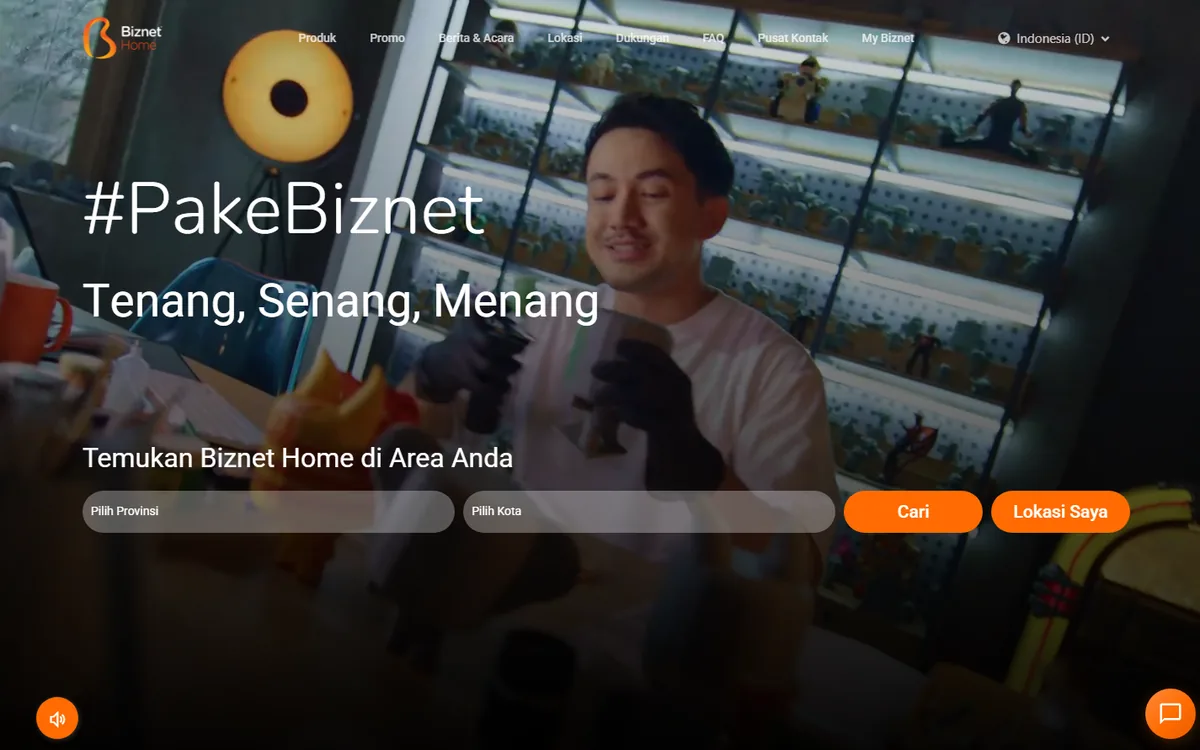 Beranda biznethome.net: banner #PakeBiznet Tenang, Senang, Menang dan form Temukan Biznet Home di Area Anda dengan pilihan provinsi dan kota