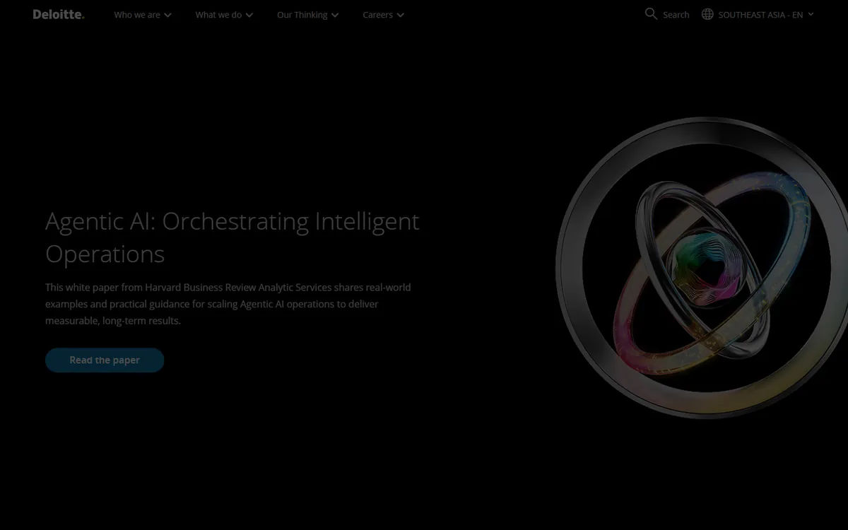 Beranda Deloitte Southeast Asia bertema gelap: white paper Agentic AI Orchestrating Intelligent Operations dan menu Who we are, What we do, Our Thinking, Careers