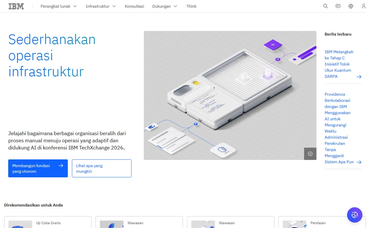 Beranda ibm.com/id-id: judul Sederhanakan operasi infrastruktur, kolom Berita terbaru, dan rekomendasi konten