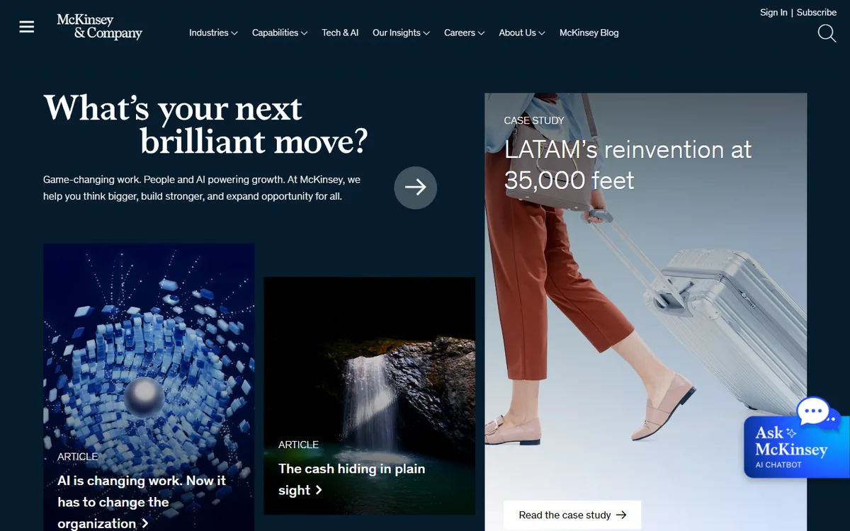 Beranda mckinsey.com: judul What is your next brilliant move, studi kasus LATAM, artikel wawasan, dan tombol Ask McKinsey