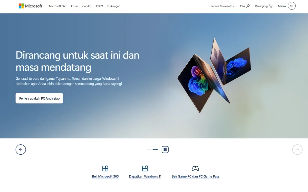 Beranda microsoft.com/id-id: banner Windows 11 Dirancang untuk saat ini dan masa mendatang dengan menu Microsoft 365, Azure, Copilot, dan Xbox