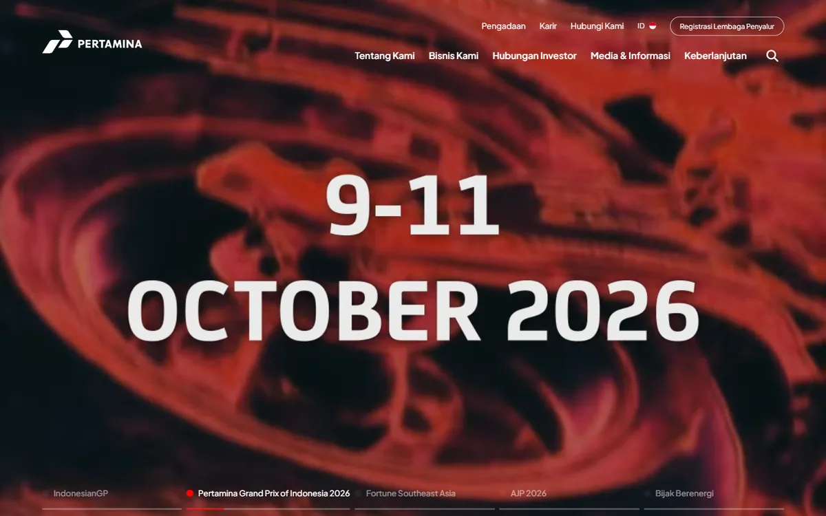 Beranda pertamina.com: slide Pertamina Grand Prix of Indonesia 2026 tanggal 9-11 Oktober 2026 dengan menu Tentang Kami, Bisnis Kami, dan Hubungan Investor