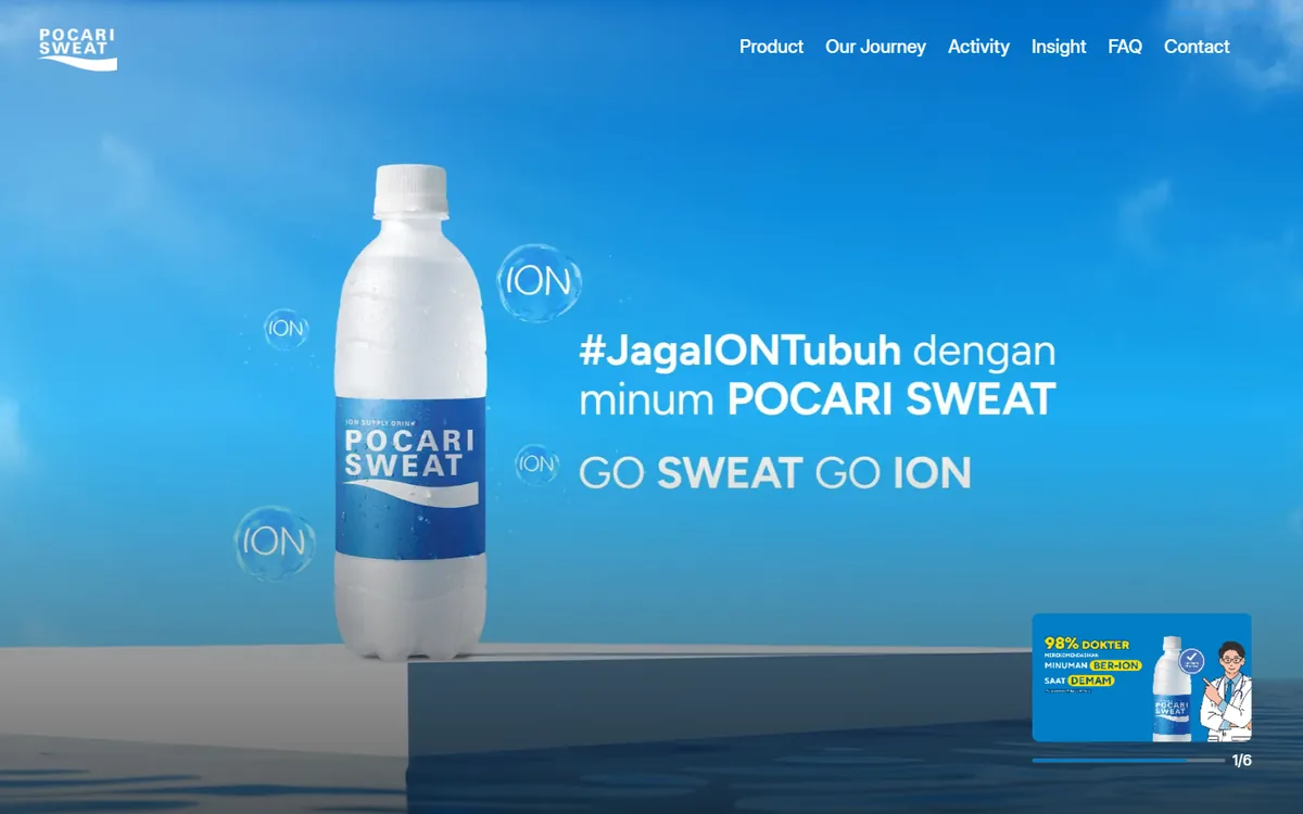 Beranda pocarisweat.id: botol Pocari Sweat dengan tulisan #JagaIONTubuh dengan minum POCARI SWEAT dan GO SWEAT GO ION, menu Product, Our Journey, Activity, Insight, FAQ, dan Contact