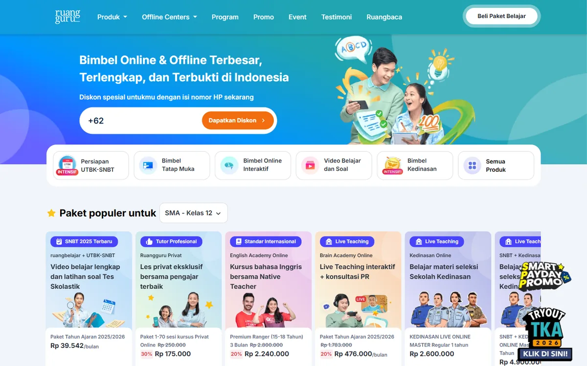 Beranda ruangguru.com: judul Bimbel Online dan Offline Terbesar, kolom nomor HP untuk diskon, dan daftar paket populer untuk SMA kelas 12