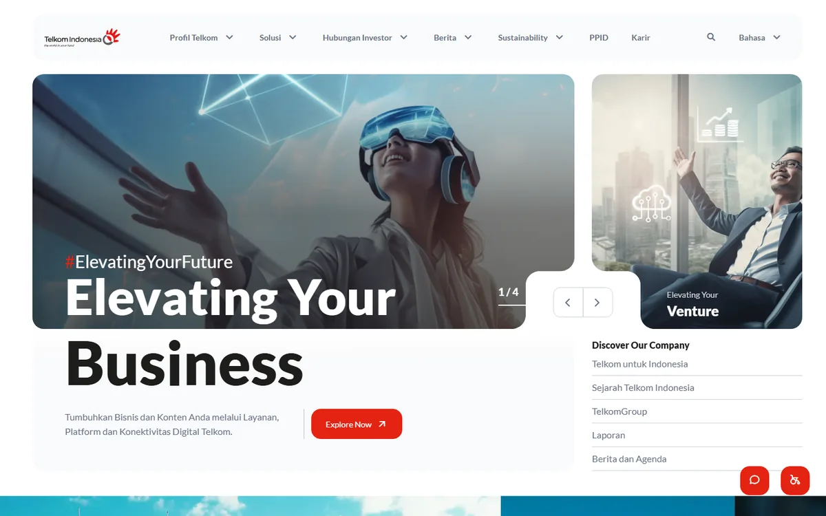 Beranda telkom.co.id: slider Elevating Your Business dan daftar tautan Discover Our Company