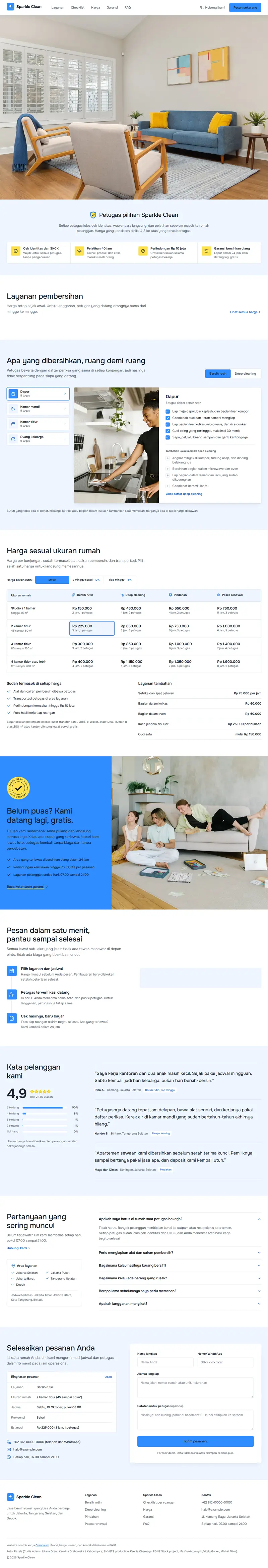 Landing page Sparkle Clean, jasa kebersihan rumah, satu halaman penuh dari atas sampai bawah