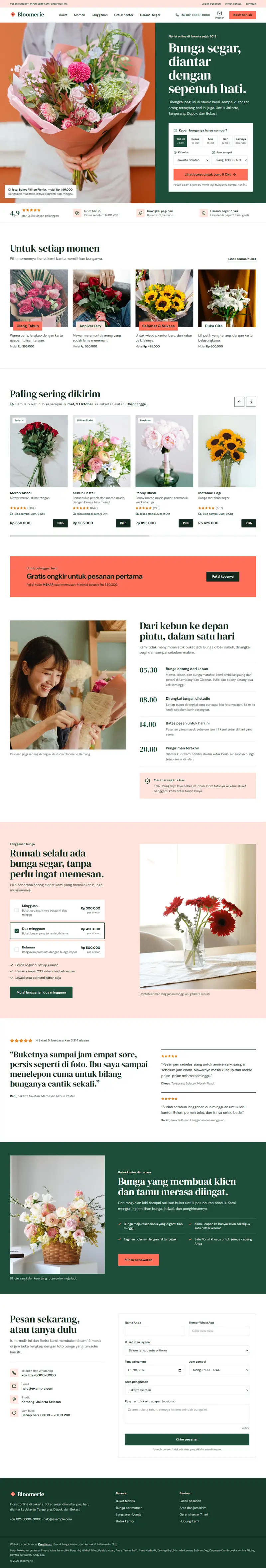 Landing page Bloomerie, toko bunga online, satu halaman penuh dari atas sampai bawah