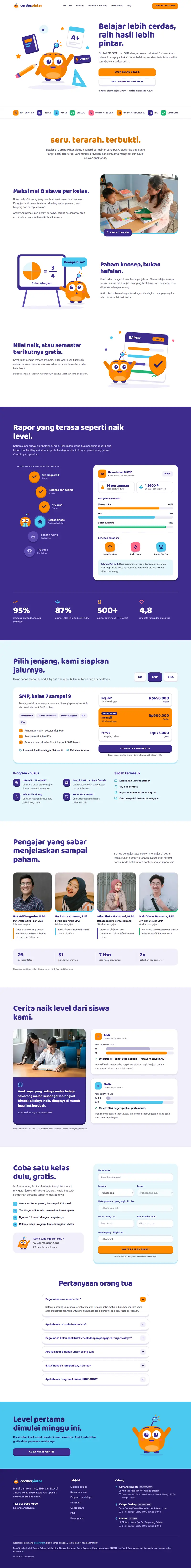 Landing page Cerdas Pintar, bimbingan belajar, satu halaman penuh dari atas sampai bawah