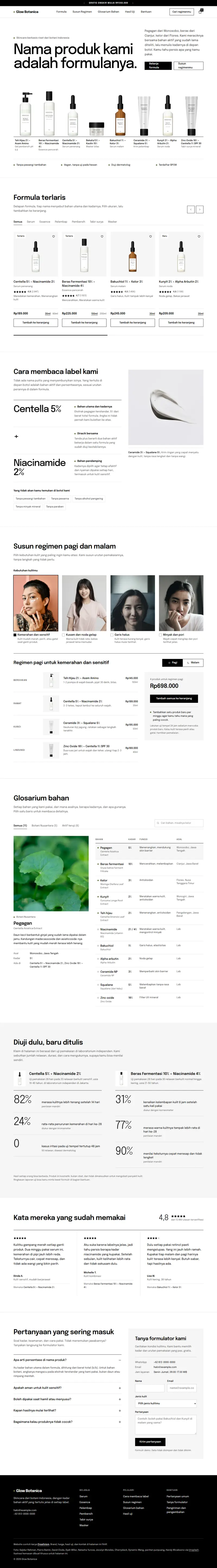 Landing page Glow Botanica, skincare, satu halaman penuh dari atas sampai bawah