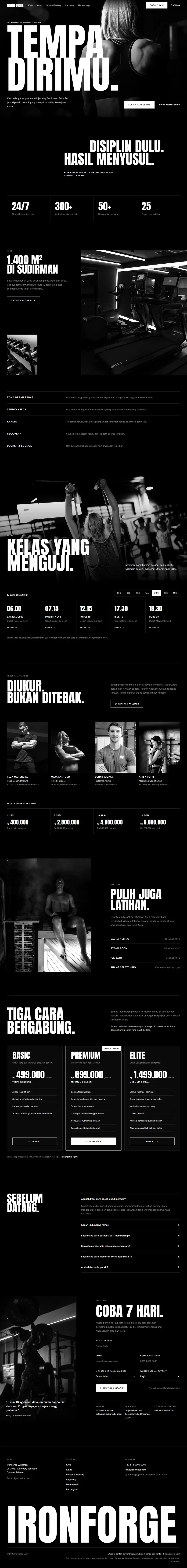 Landing page IronForge Gym, pusat kebugaran, satu halaman penuh dari atas sampai bawah