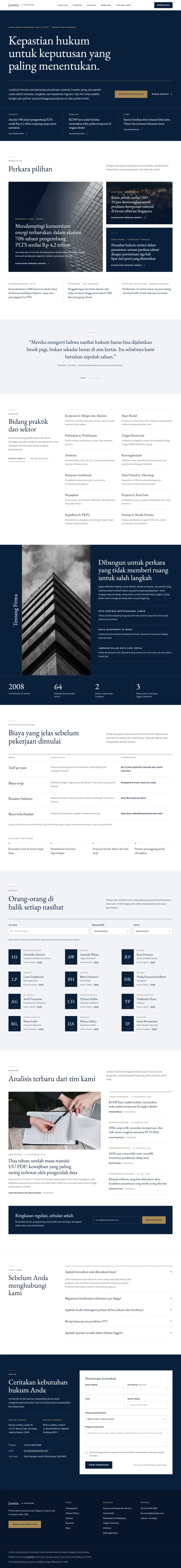 Landing page Justitia & Partners, firma hukum, satu halaman penuh dari atas sampai bawah