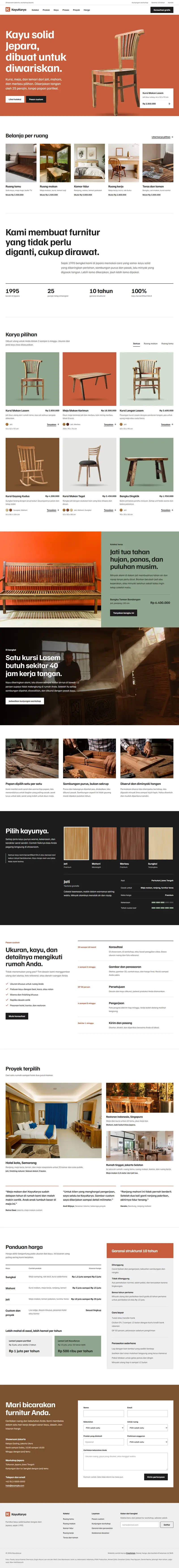 Landing page KayuKarya, furnitur kayu solid, satu halaman penuh dari atas sampai bawah