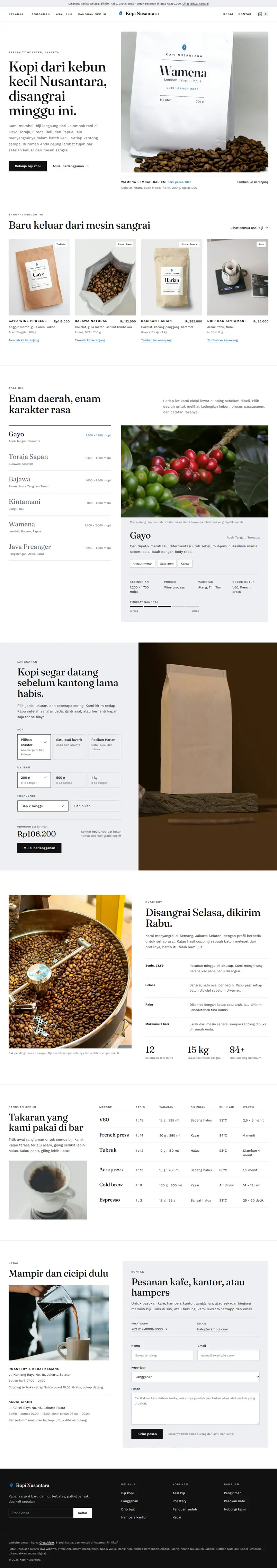 Landing page Kopi Nusantara, kedai & roastery kopi, satu halaman penuh dari atas sampai bawah