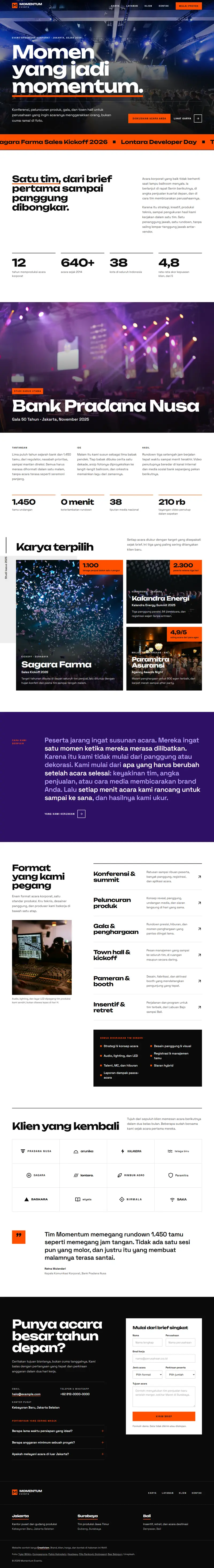 Landing page Momentum Events, event organizer korporat, satu halaman penuh dari atas sampai bawah