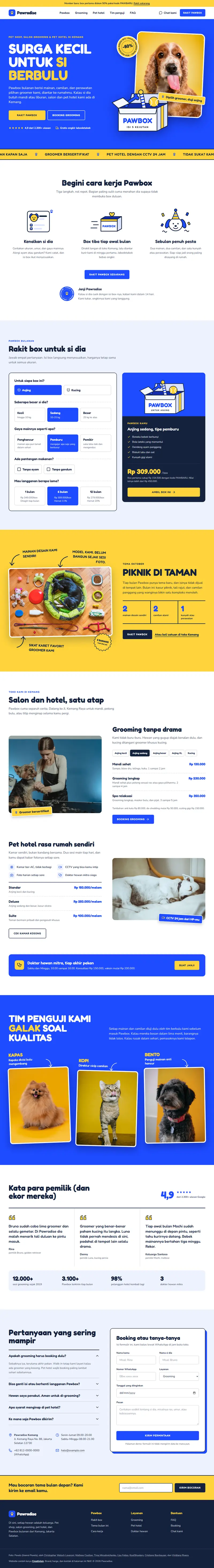 Landing page Pawradise, pet shop & grooming, satu halaman penuh dari atas sampai bawah