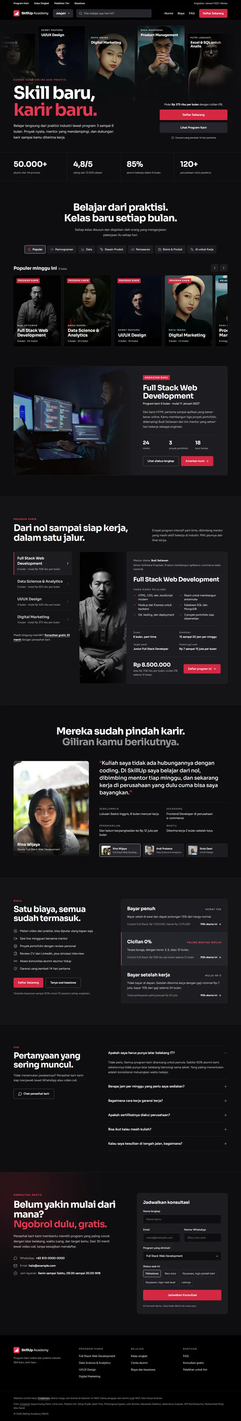 Landing page SkillUp Academy, kursus online, satu halaman penuh dari atas sampai bawah