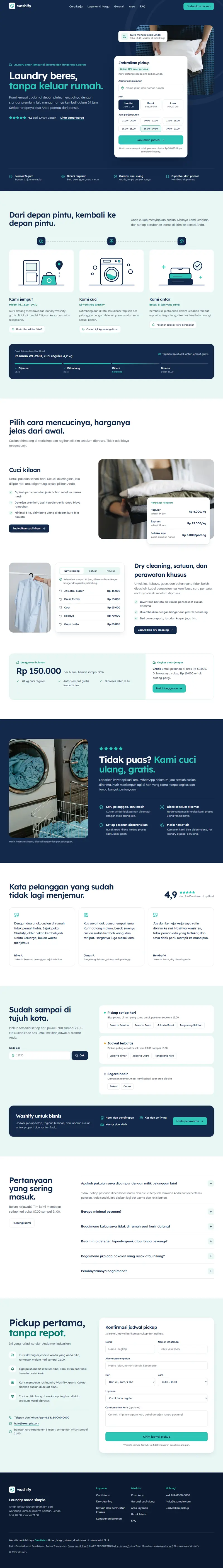 Landing page Washify, laundry antar-jemput, satu halaman penuh dari atas sampai bawah