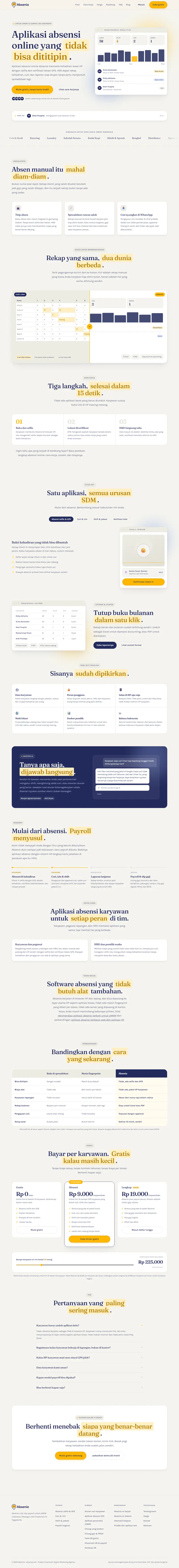 Halaman depan website Absenia (absenia.com), absensi dan payroll, satu halaman penuh