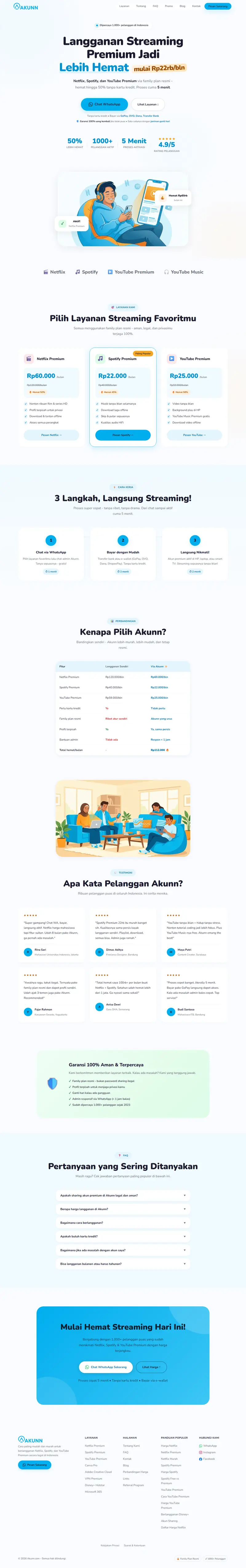 Halaman depan website Akunn (akunn.com), langganan streaming patungan, satu halaman penuh