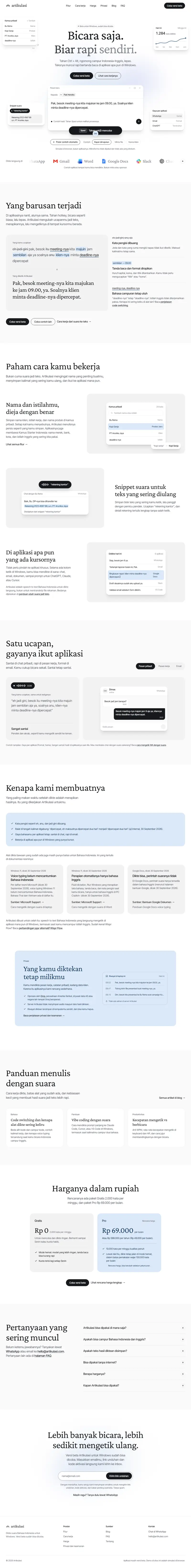 Halaman depan website Artikulasi (artikulasi.com), aplikasi dikte suara, satu halaman penuh