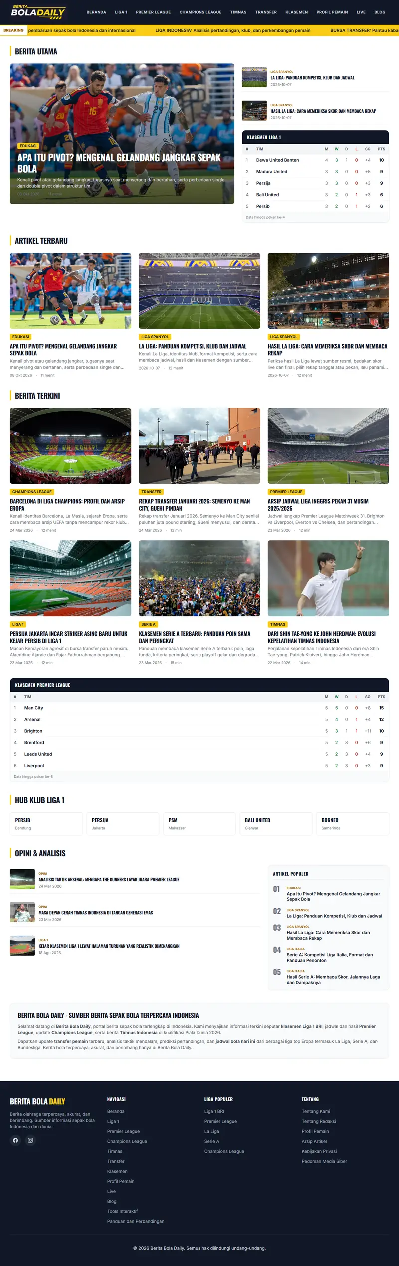 Halaman depan website Berita Bola Daily (beritaboladaily.com), berita sepak bola, satu halaman penuh